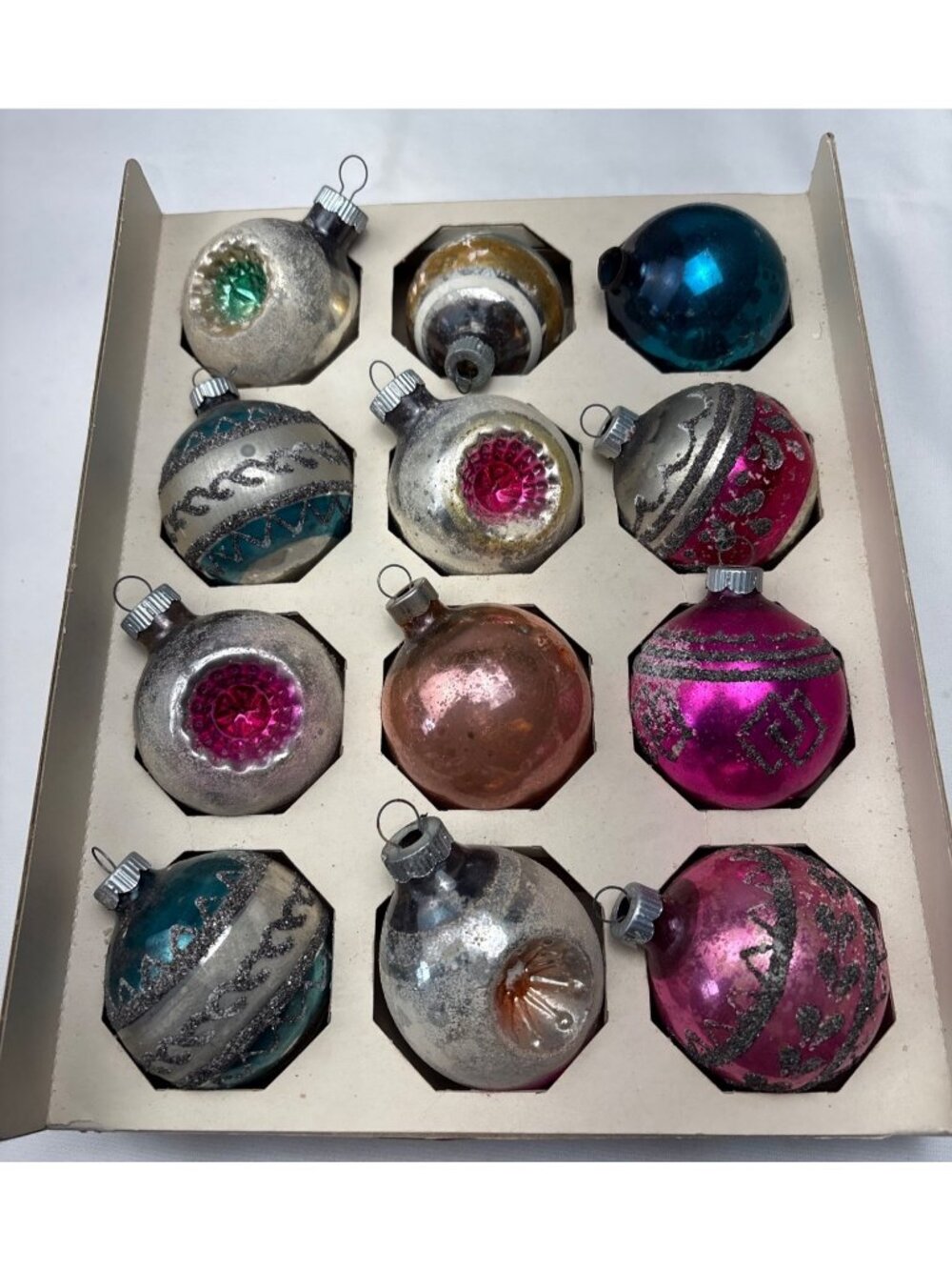 Shiny Brite Glass Christmas Ornaments Multicolor Glitter Embellished Set 12